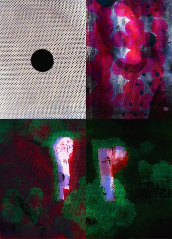 Grafika podzielona na cztery części. Lewa górna część to wirujące czarne kropki z czarnym kołem w centrum. Prawa górna — czerwone i różowe plamy na tle pikselowej siatki. Dół przedstawia dwie jasne, abstrakcyjne formy (jakby postacie lub drzwi) na ciemnym tle z zielonymi i czerwonymi przebłyskami.